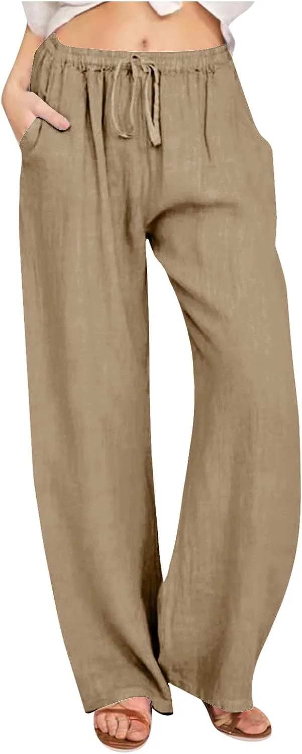 

FZYLQY льняные брюки женские летние 2026 пляжные палаццо свободные эластичные plus size с кулиской и карманами