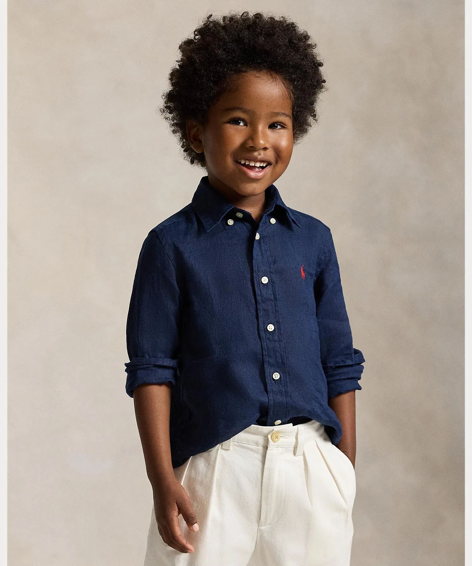 Детская льняная рубашка POLO RALPH LAUREN с вышивкой тёмно-синяя