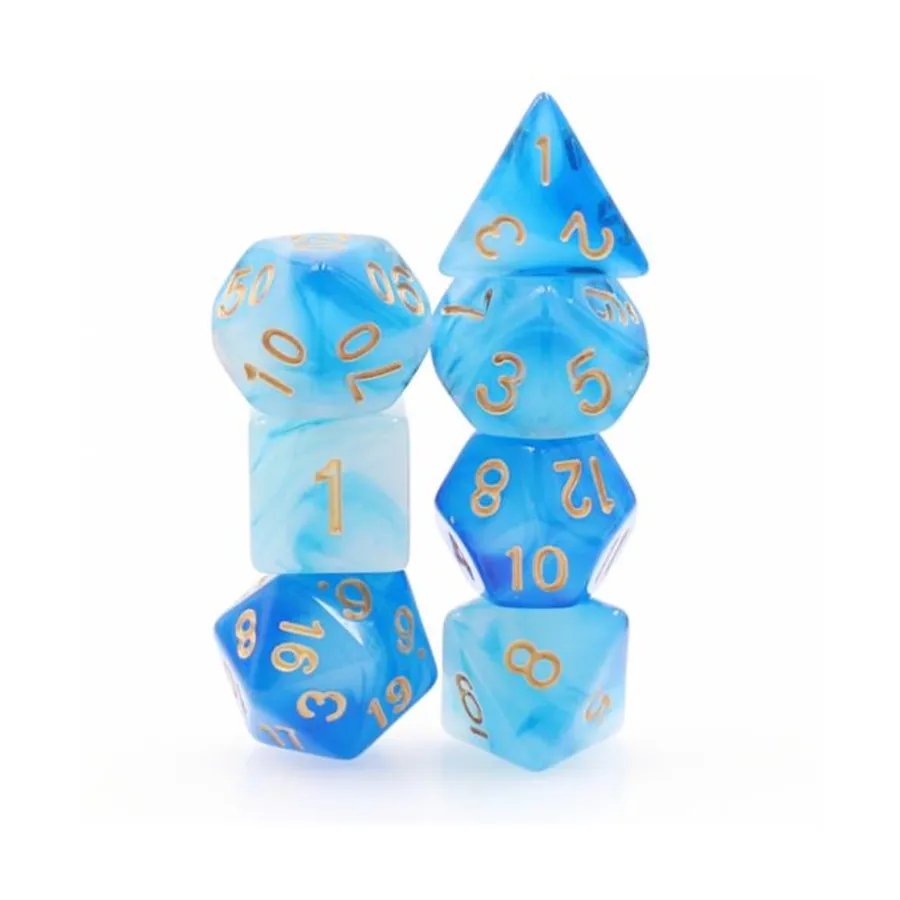 

Набор Poly — синий молочный с золотом (7), Dice Sets - Resin/Acrylic - Blue, Green, & Purple (Foam Brain Games)