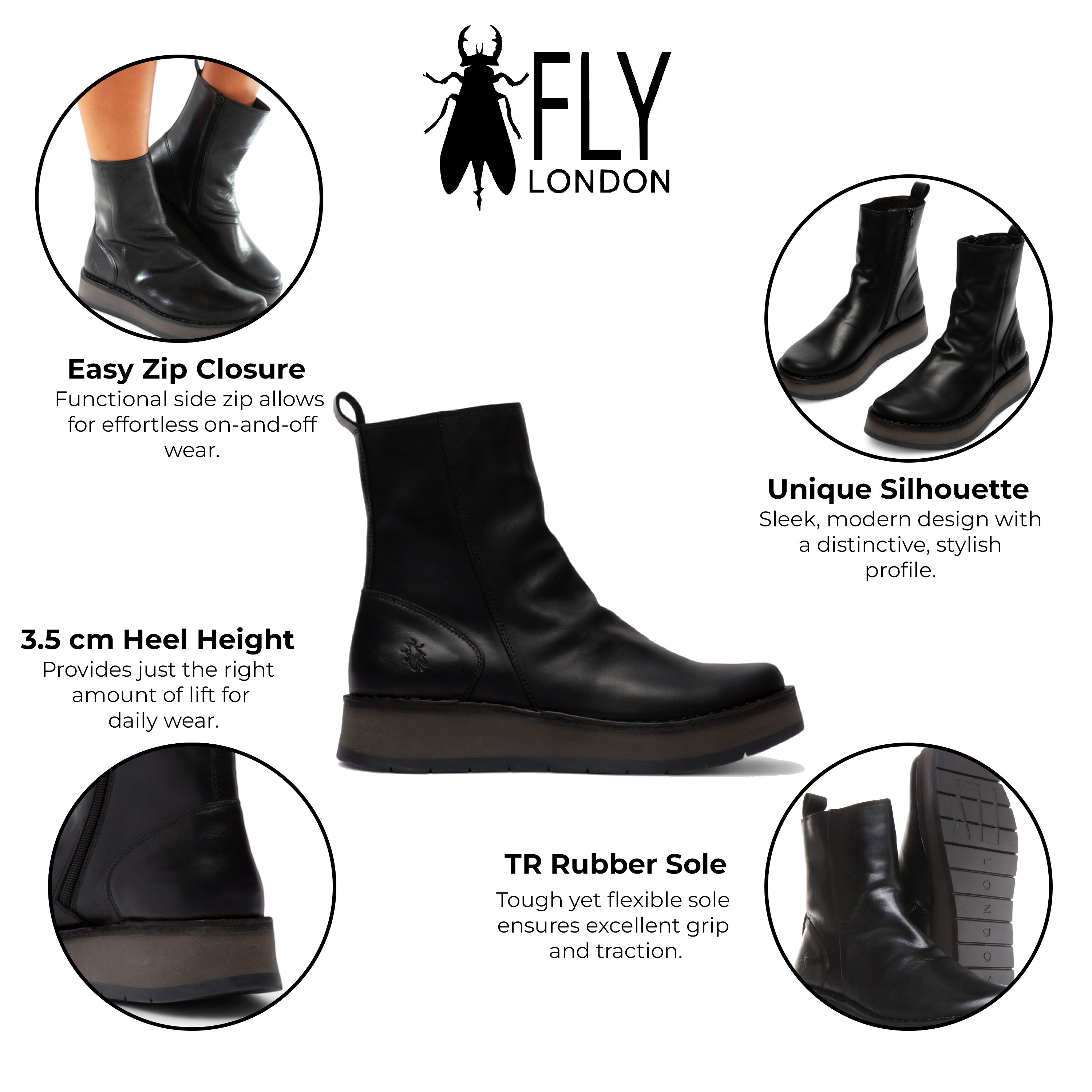Женские кожаные удобные ботинки Fly London RENO053FLY на платформе с молнией, черный — фото 2