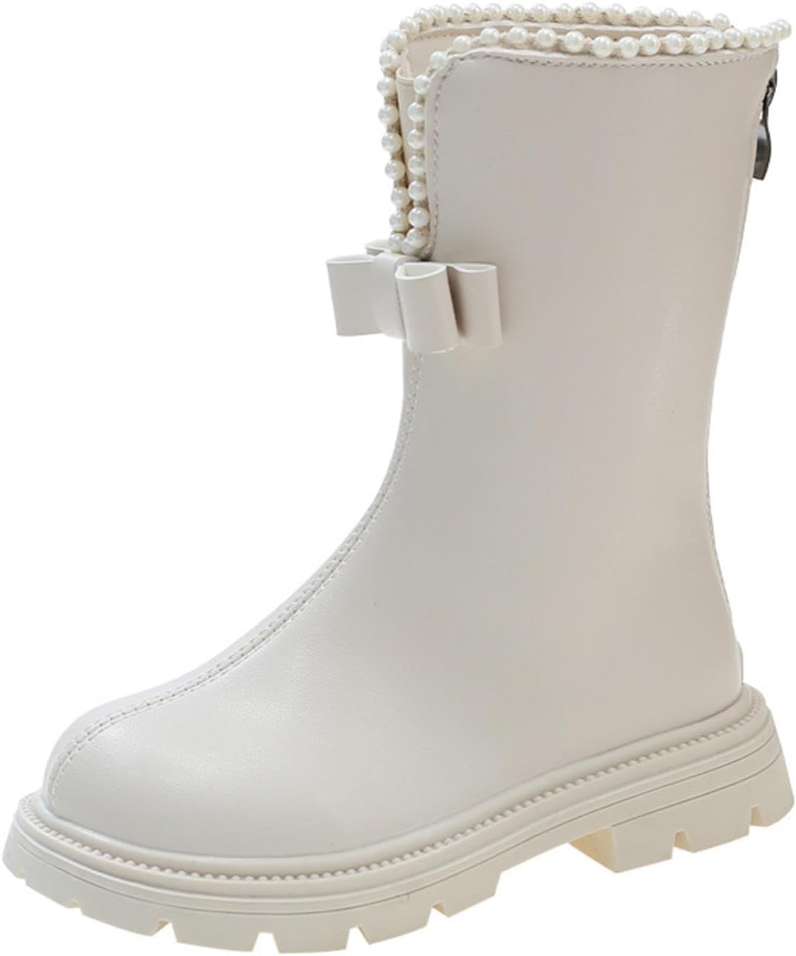 

Детские зимние сапоги до середины икры для девочек с меховой подкладкой, застежкой-молнией сзади, стильные ботинки для верховой езды с бантом и жемчужной отделкой, модные армейские ботинки, размер 3-11 лет Generic, White