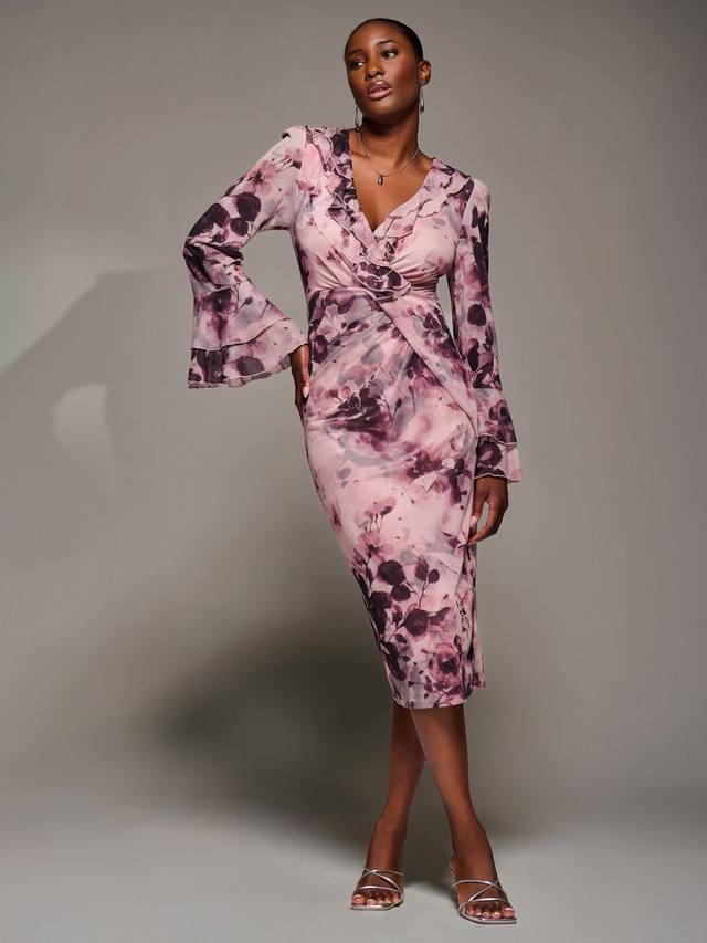 

Платье миди с цветочным принтом и оборками на рукавах Jolie Moi, Pink