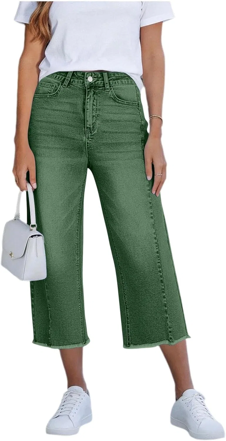 Джинсы с необработанным краем, High Waisted, Capri Jeans, зеленый