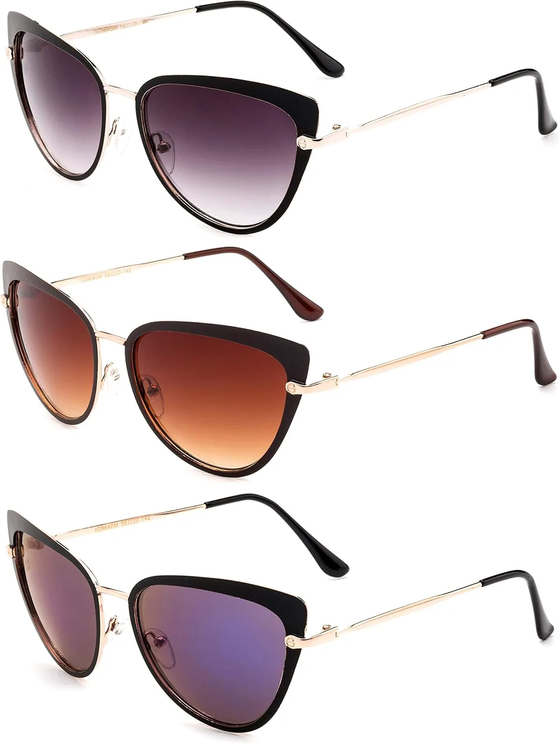 

Комплект из 3 двухцветных солнцезащитных очков в металлической оправе, стиль «кошачий глаз», высокого качества, для женщин Newbee Fashion, 3 Pack Black, Brown & Blue