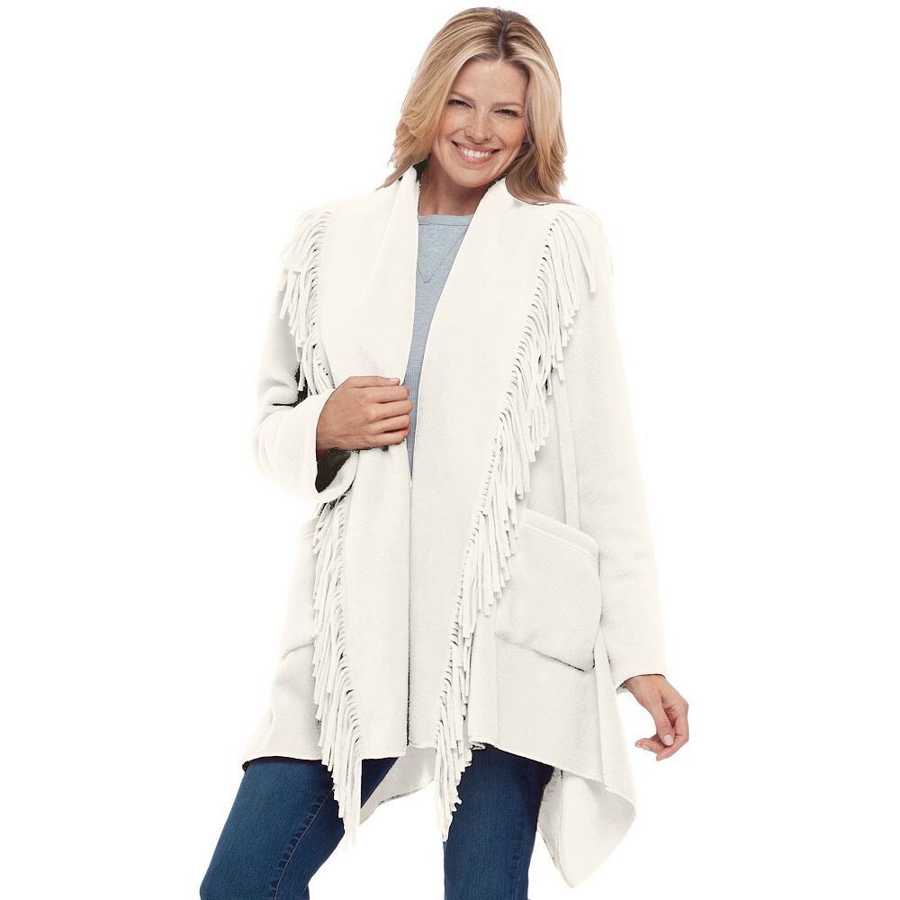 

Женщина в женской флисовой куртке больших размеров с бахромой и шалевым воротником Woman Within, цвет Ivory
