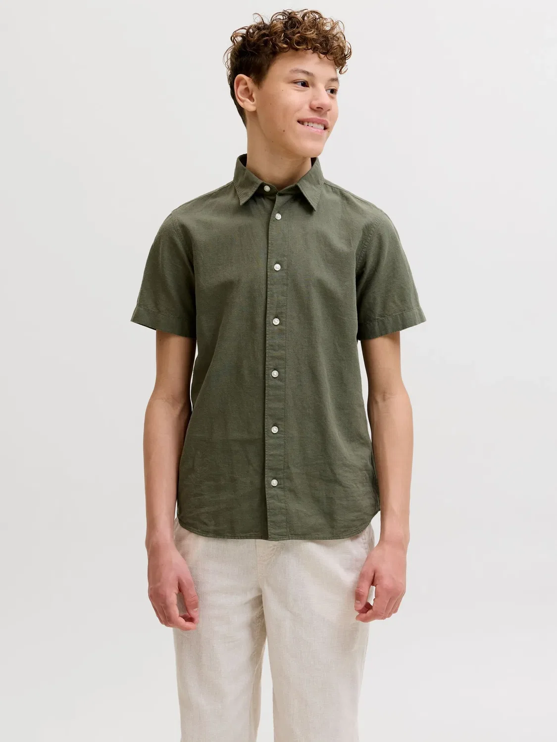 Рубашка из льна с хлопком JACK & JONES Junior, оливковая — фото 2