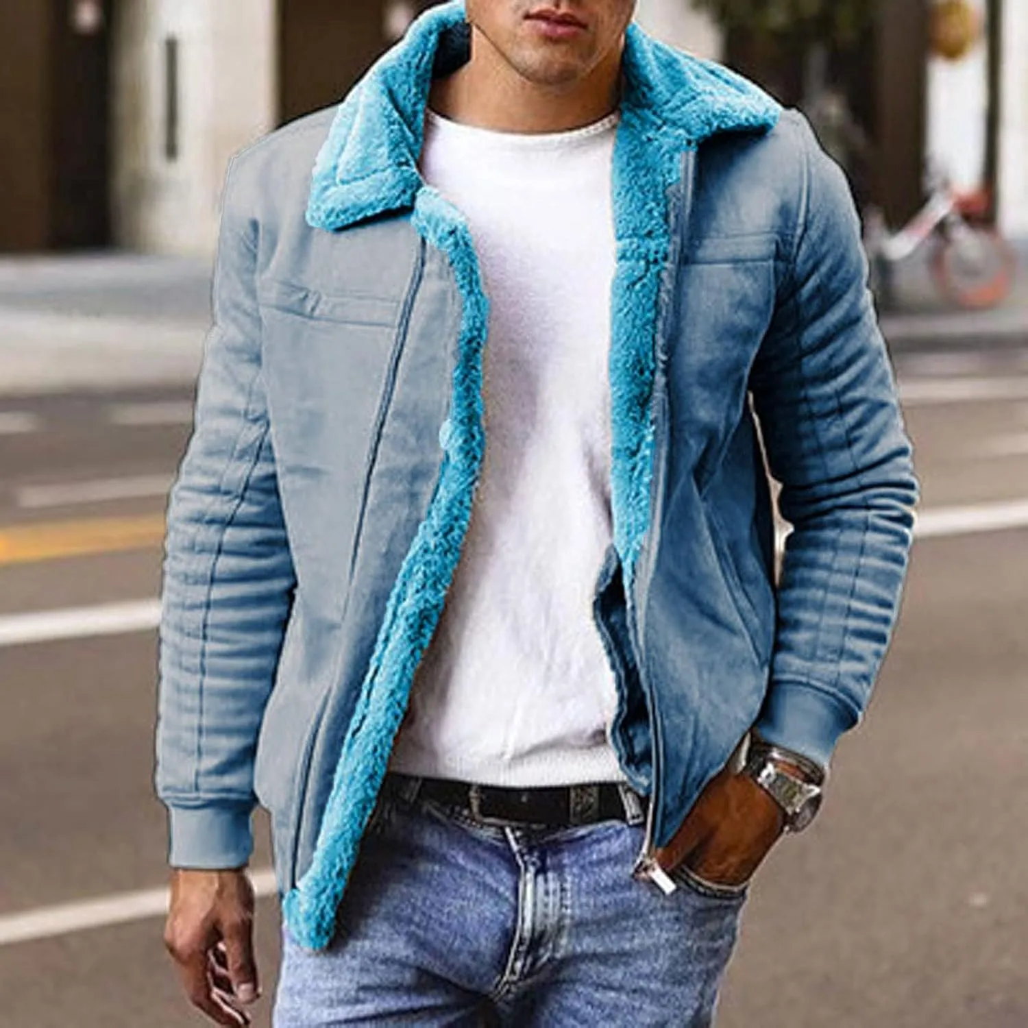 Мужская куртка из искусственного меха шерпа на флисовой подкладке, на молнии, с пушистым открытым передом и воротником-стойкой, осенне-зимняя верхняя одежда Generic, синий — фото 2