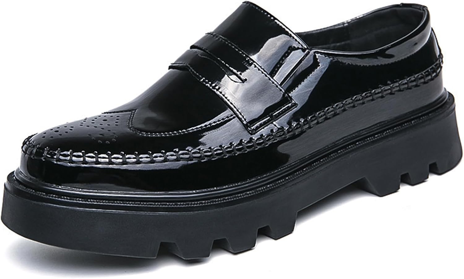 

Мужские кожаные лоферы-броги на платформе с крыльями, классический круглый носок, противоскользящая подошва, слипоны на массивном каблуке, деловые и повседневные лоферы с перепонкой Qijozxn, черный