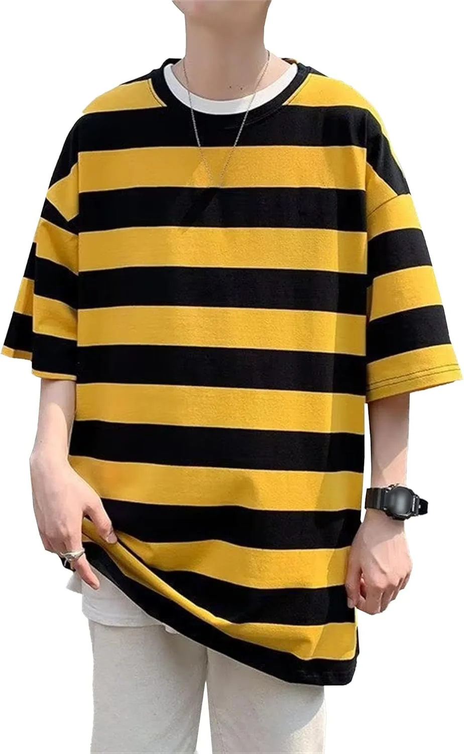 

Мужская футболка Oversized в полоску с коротким рукавом и круглым вырезом DGHM-JLMY