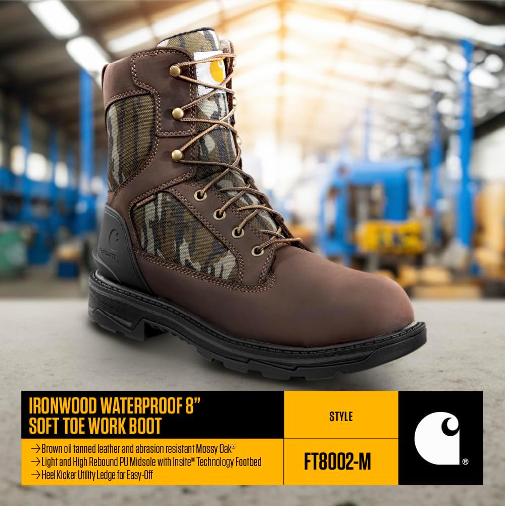 Carhartt Ironwood водонепроницаемые рабочие ботинки для мужчин - 8-дюймовые, усиленная промасленная кожа с дышащей мембраной, EH и нескользящие подошвы, Dark Brown/Mossy Oak — фото 4