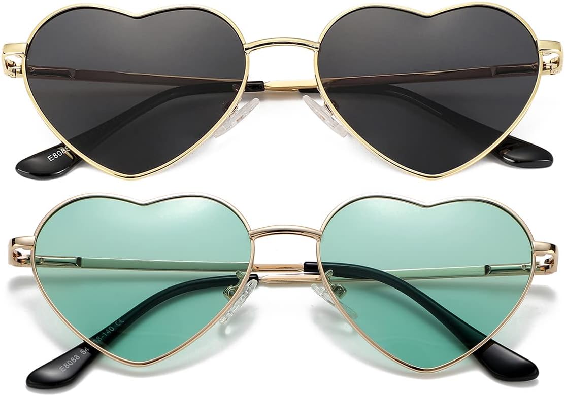

Женские поляризованные солнцезащитные очки JOVAKIT в форме сердца, модный стиль, металлическая оправа, линзы с защитой от УФ-излучения UV400, Two Pack: Gold/Grey + Gold/Green