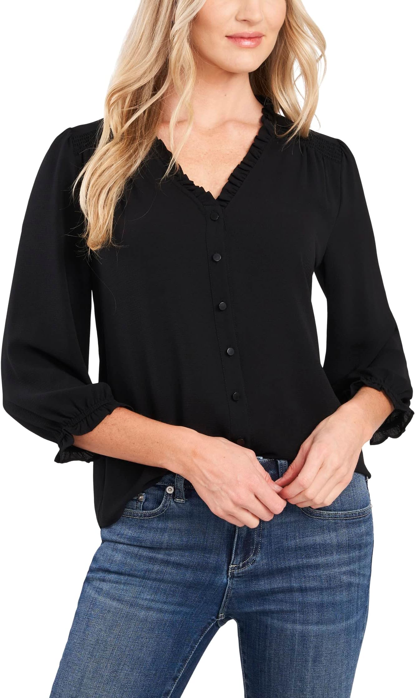 

Женская блузка с рукавами 3/4, оборками и V-образным вырезом CeCe, Rich Black