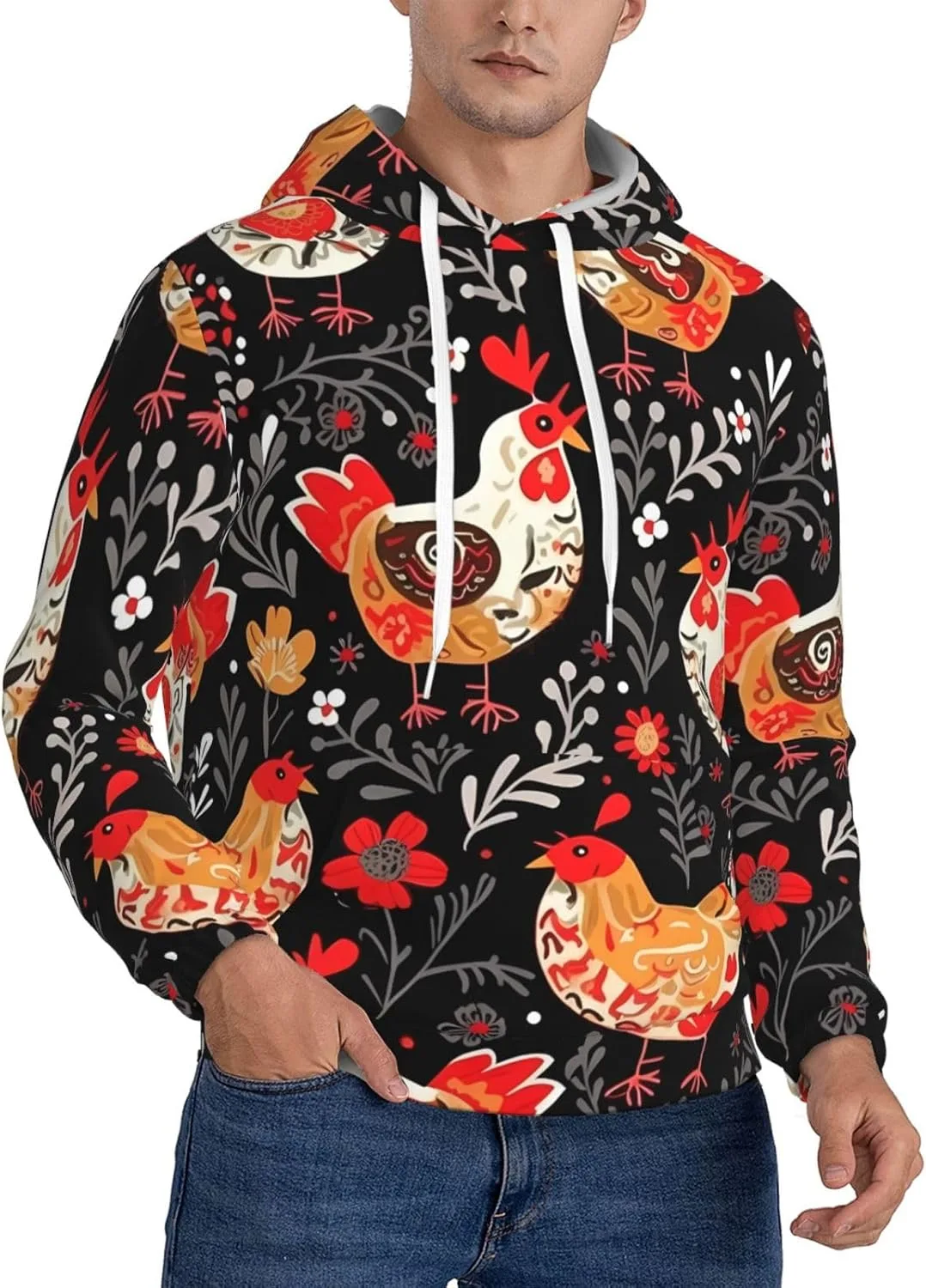 

Мужская флисовая толстовка с капюшоном, Casual с длинным рукавом и принтом Rooster Chickens KKLWEGU