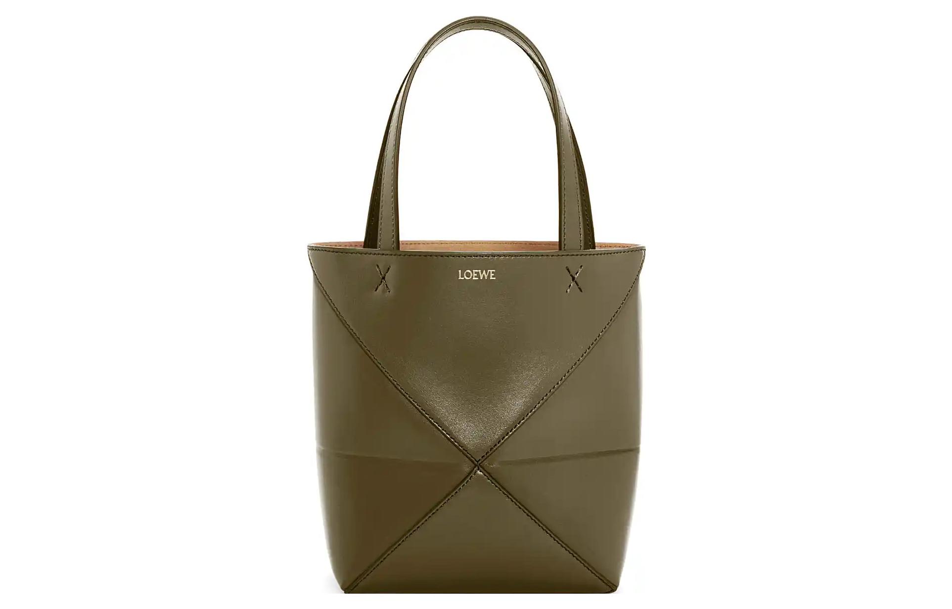 

LOEWE Складная блестящая кожаная сумка-шоппер мини мужская тёмная хаки зелёная