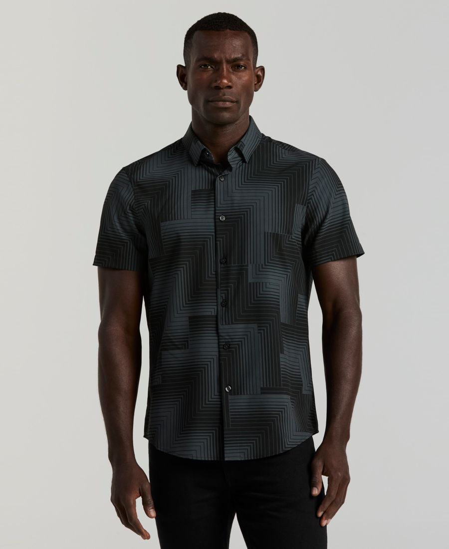 

Мужская облегающая рубашка с линейным геометрическим принтом из эластичной ткани Perry Ellis, Black