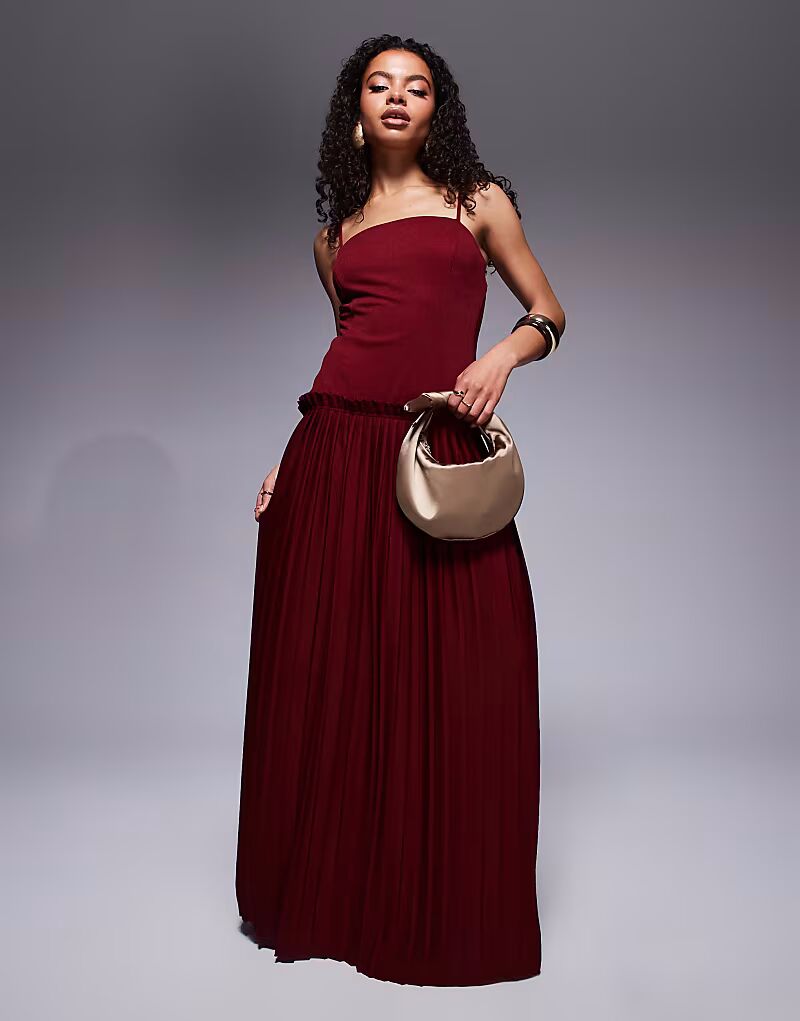 

Платье макси ASOS DESIGN Petite с квадратным вырезом, складками и заниженной талией, винного цвета ASOS Petite