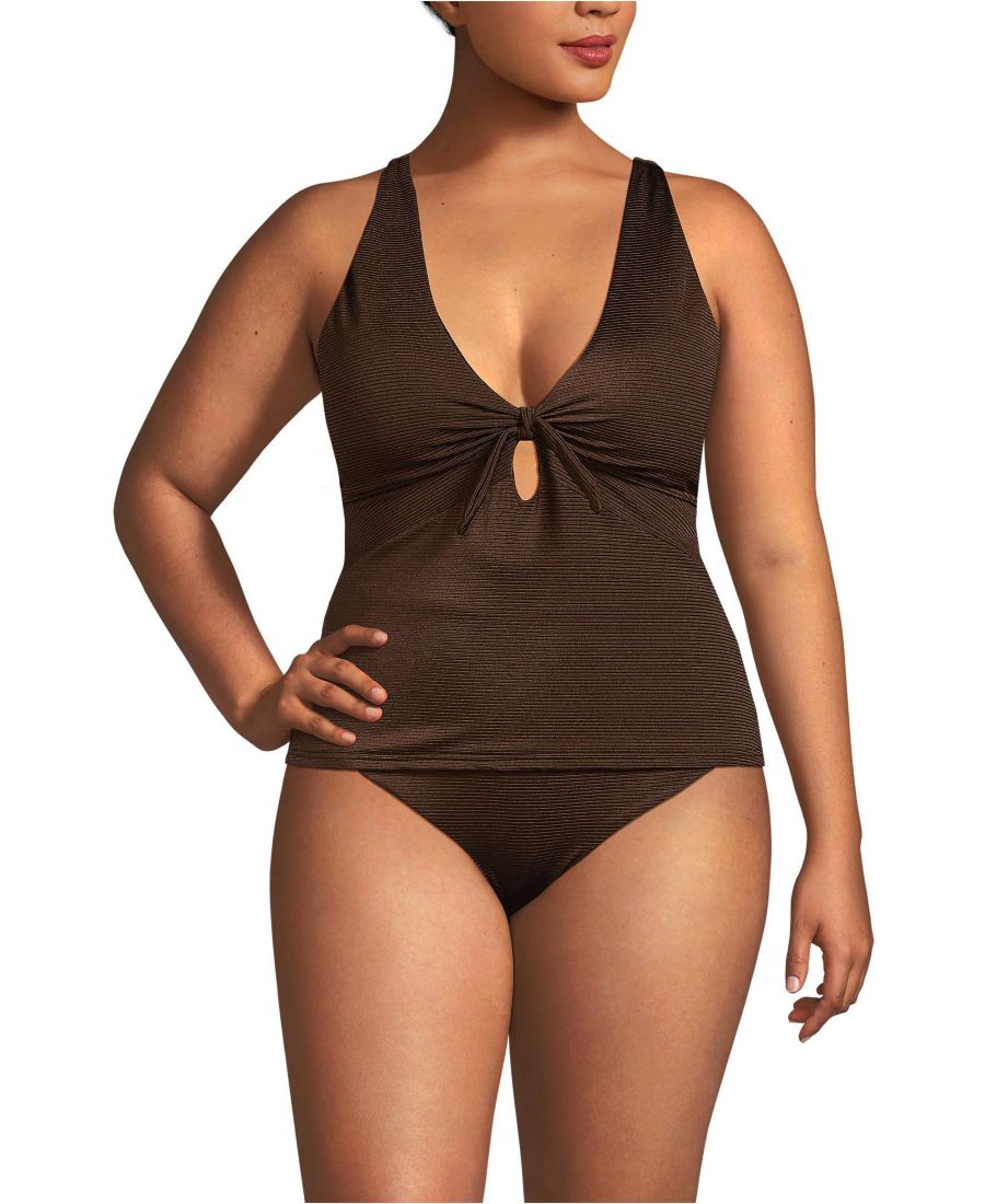 

Комплект купальника для женщин больших размеров Shine: ребристый топ-танкини и плавки с высокой талией Lands' End, Chocolate brown shine