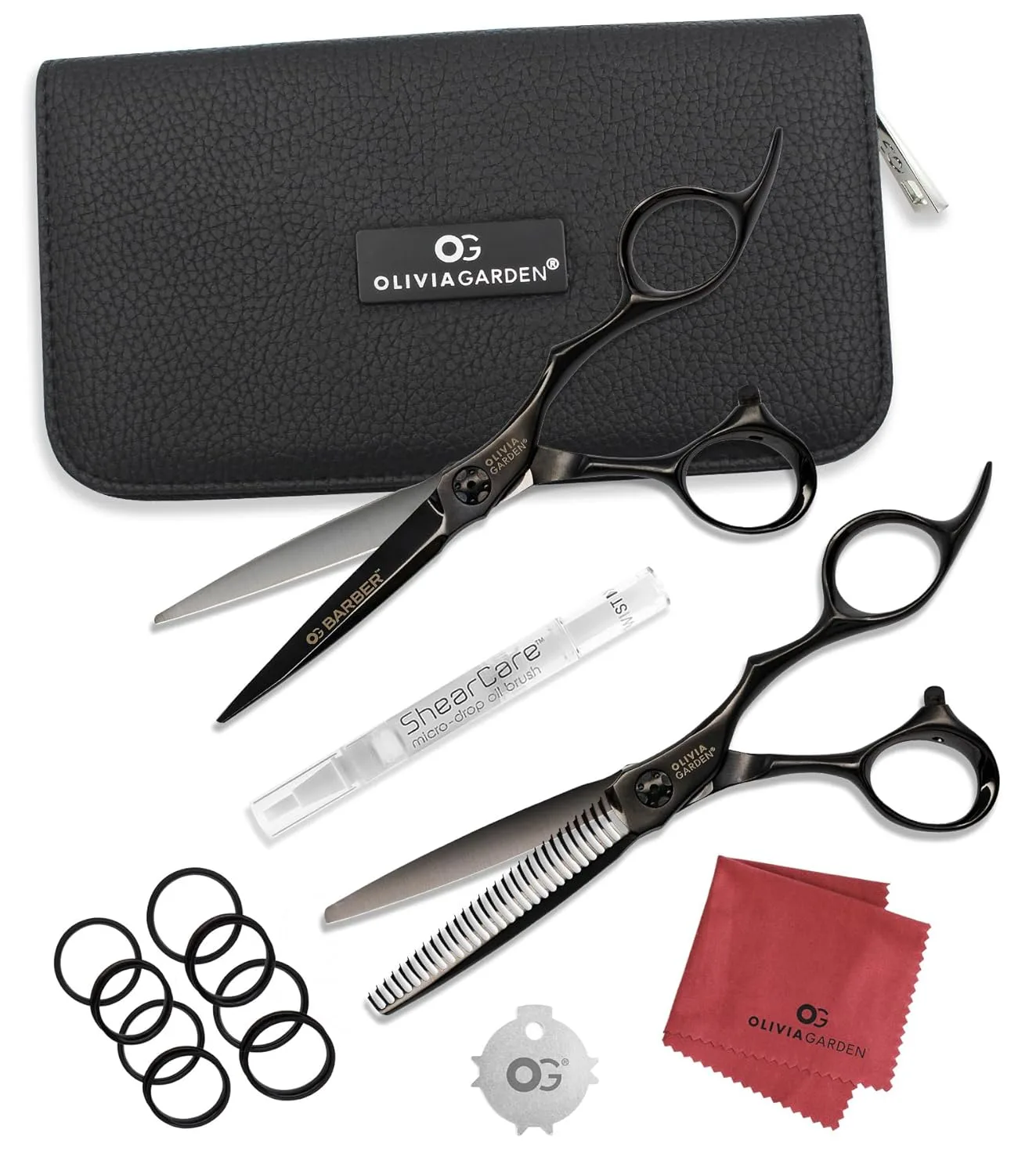 Набор для начинающих парикмахеров Olivia Garden Barber Shears Intro Kit включает профессиональные ножницы для стрижки волос, филировочную машинку, футляр и аксессуары. 14,6 см