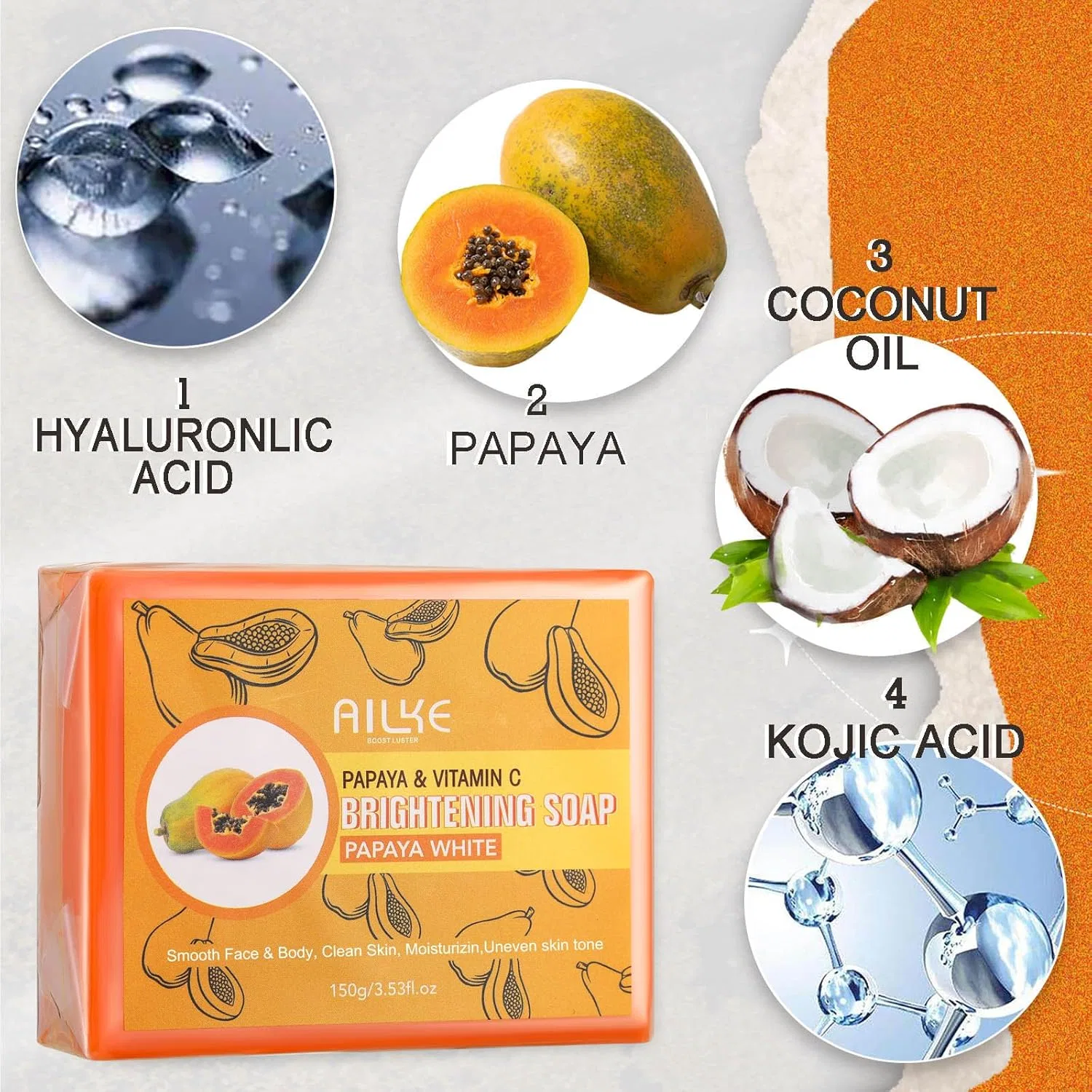 Осветляющее мыло с папайей и глутатионом, 150 г Ailke Boost Luster, Papaya Soap — фото 3