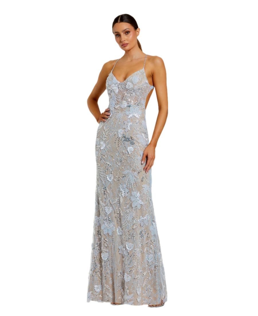 

Женское платье без рукавов с цветочной вышивкой и открытой спиной Mac Duggal, Powder blue