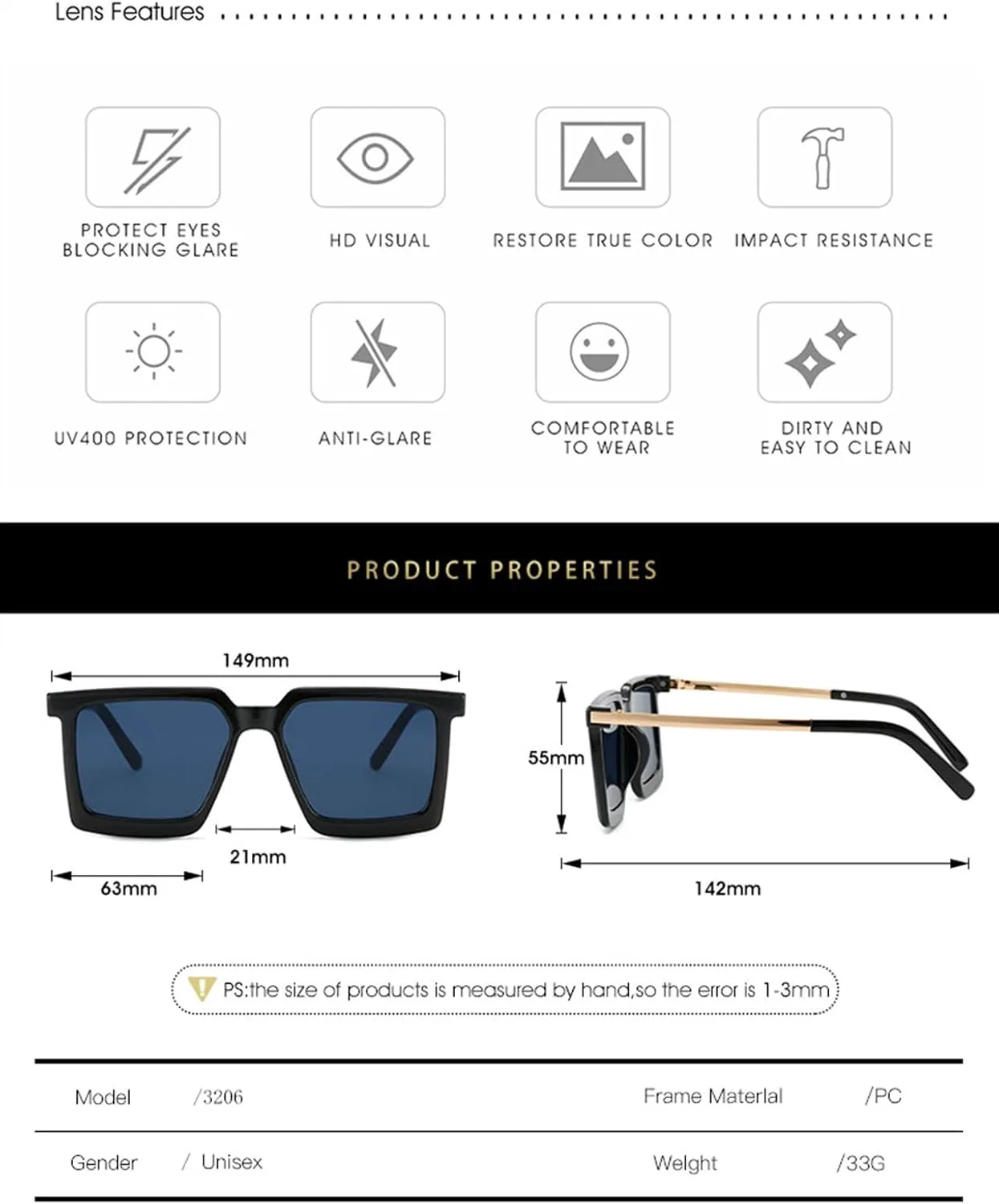 

Солнцезащитные очки GAOXIN Fashion в крупной квадратной оправе для мужчин и женщин, идеально подходящие для отдыха на природе (Цвет: B, Размер: Средний), B