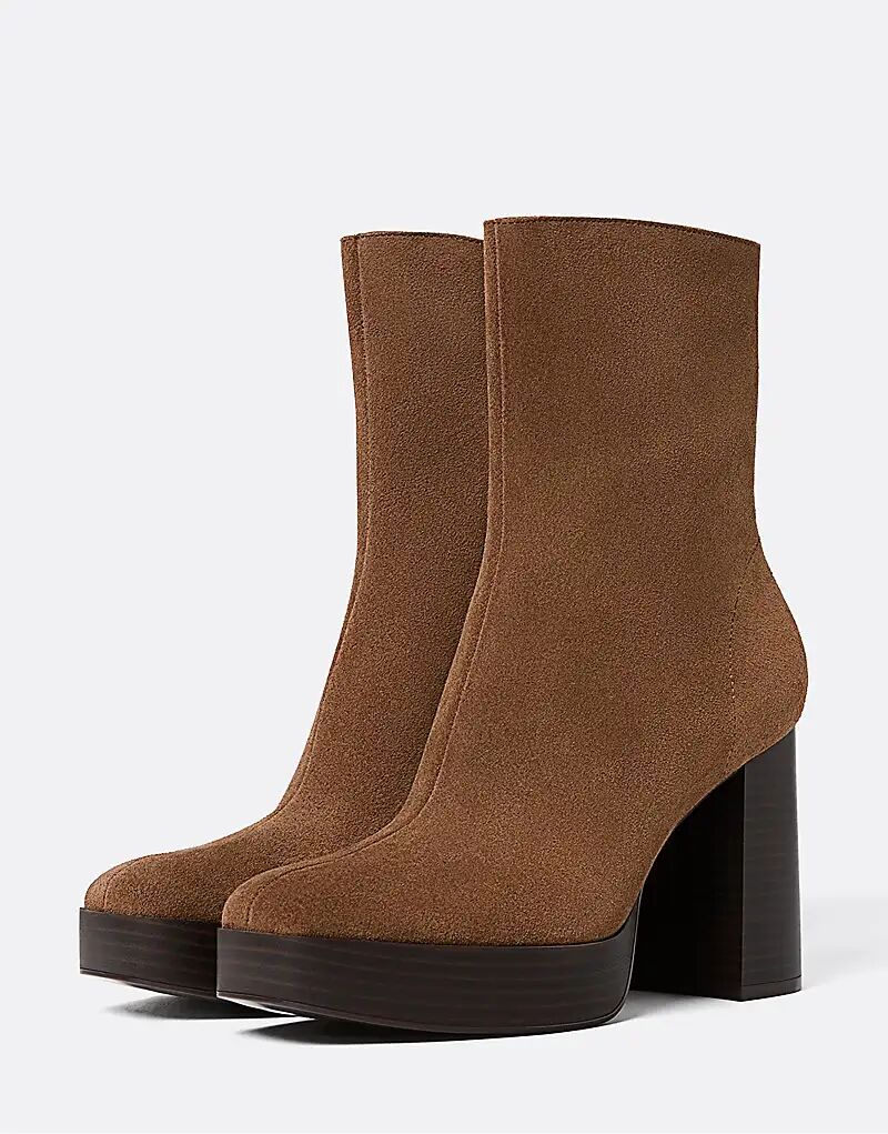 Ботильоны Stradivarius из кожи на высоком каблуке коричневого цвета — фото 3