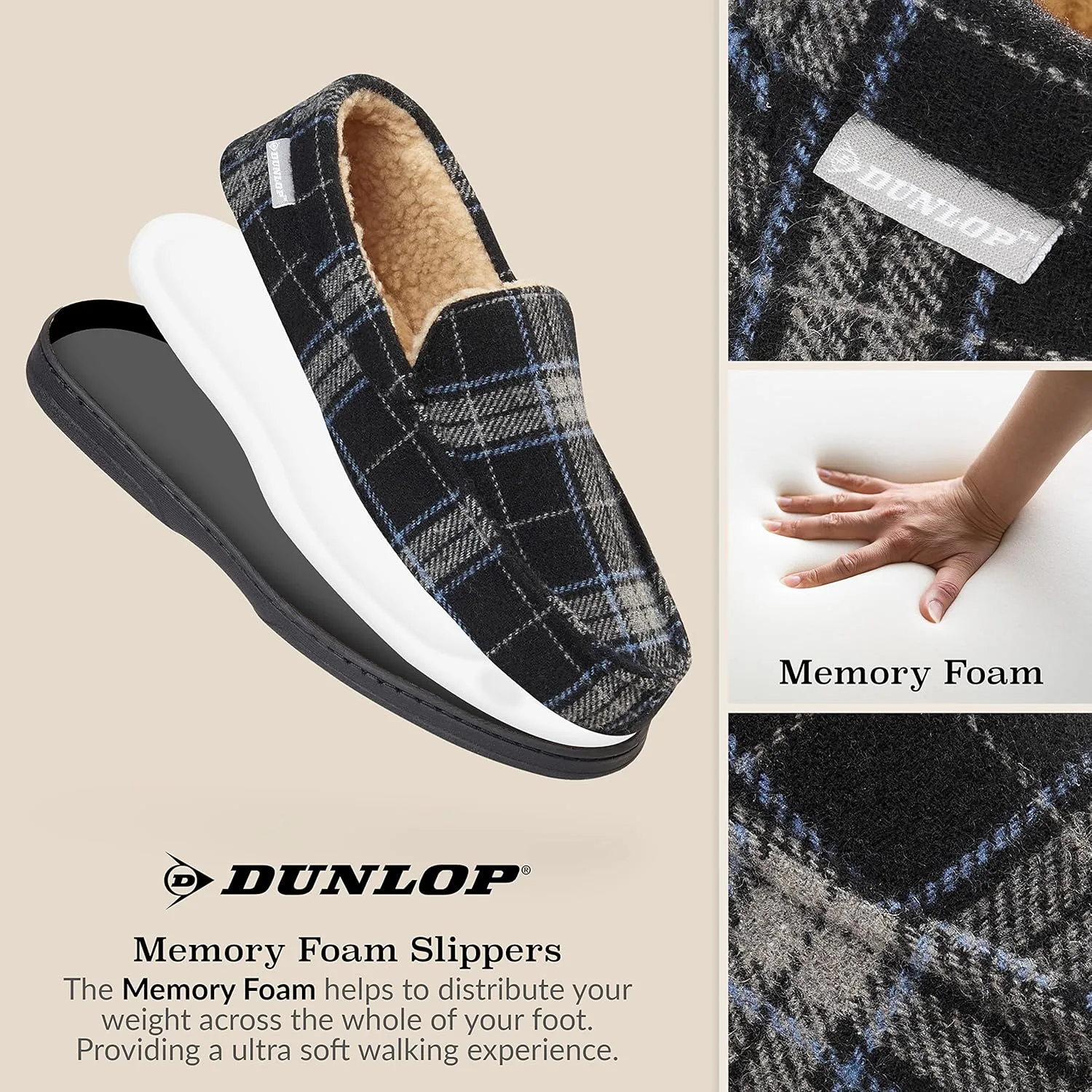 Мужские мокасины-тапочки Dunlop с подкладкой из пеноматериала с эффектом памяти и флиса, нескользящие, размеры 41-46, черный/серый — фото 3
