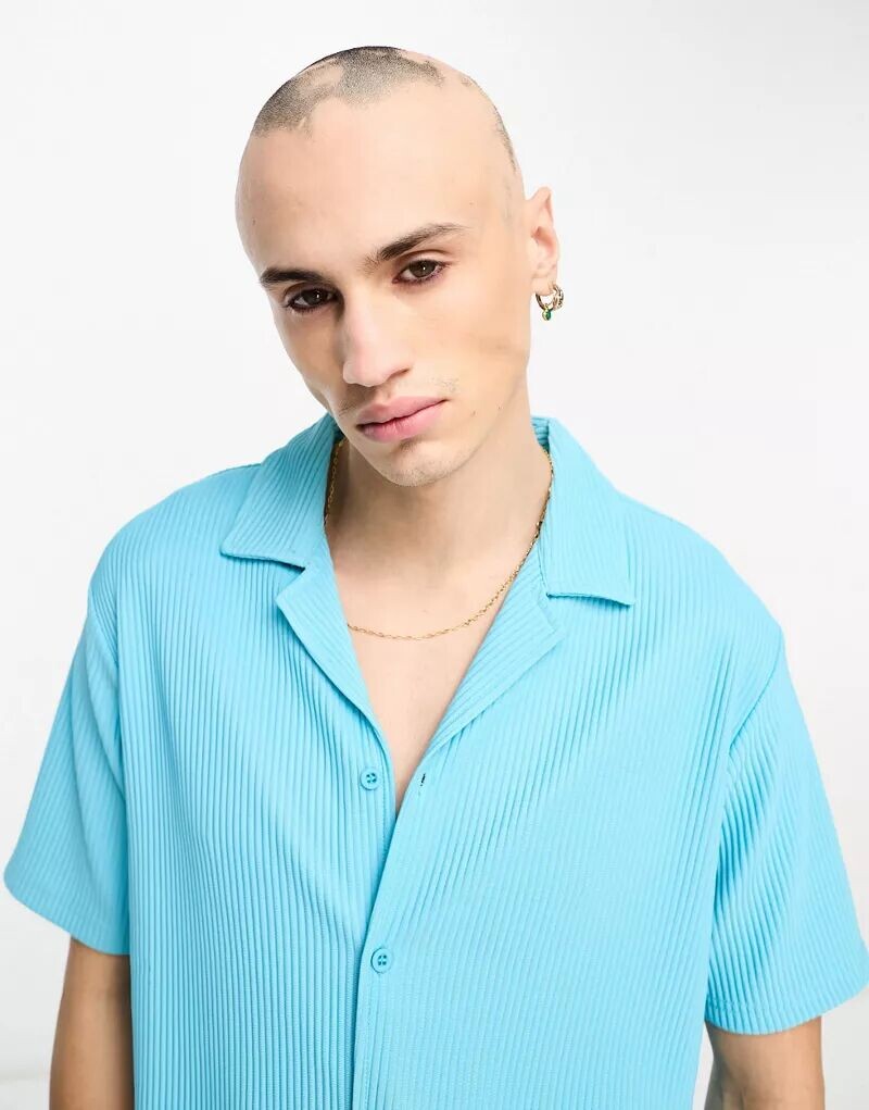 

Синяя плиссированная рубашка с короткими рукавами River Island