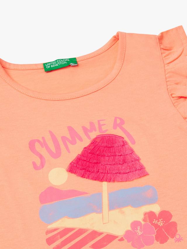 Детский топ с бахромой и оборками на рукавах из хлопка Benetton, Peach — фото 3