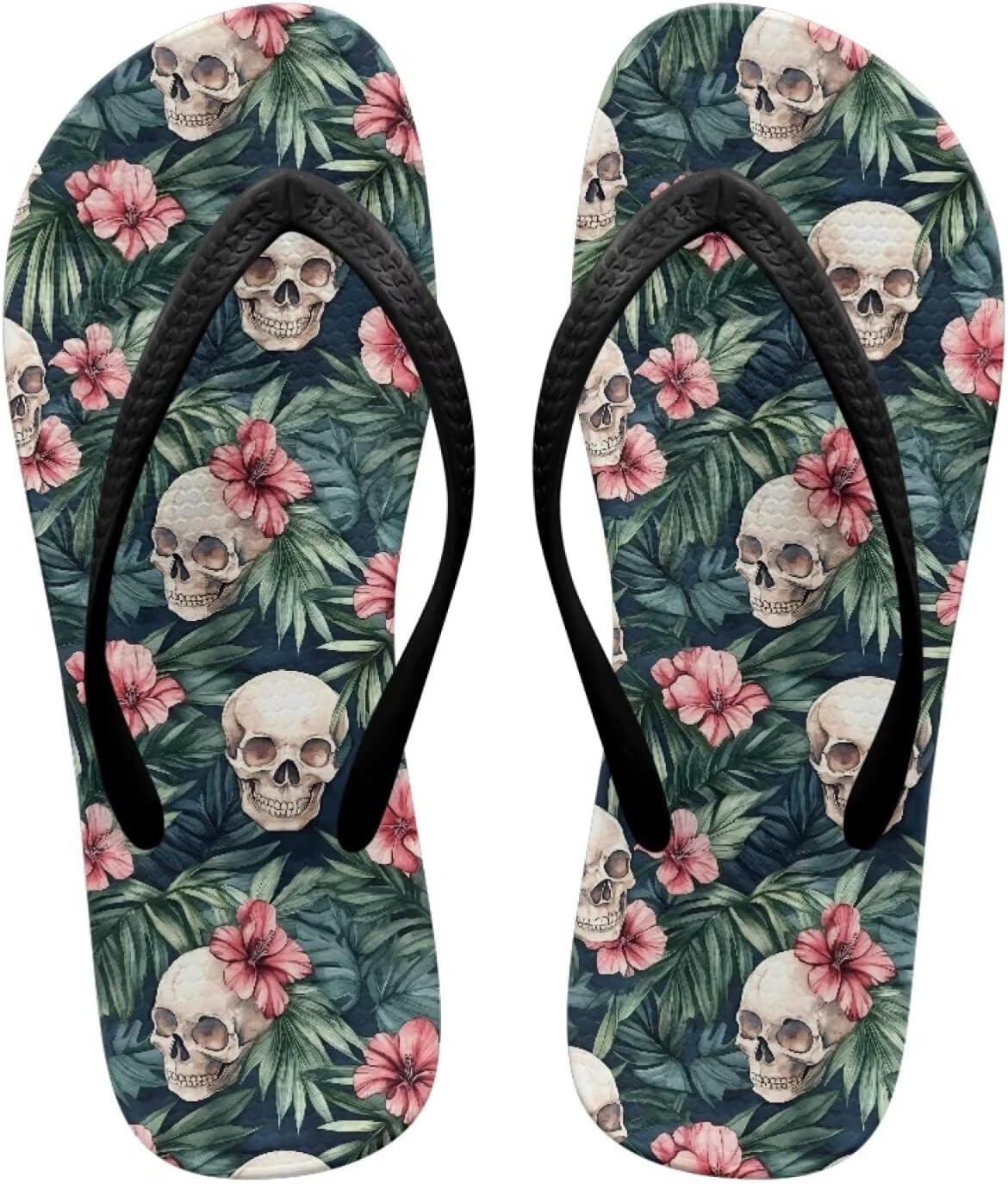 

Вьетнамки с черепом для женщин и мужчин, летние пляжные повседневные сандалии, удобные шлепанцы для душа Pointodoor, Skull Hawaiian Hibiscus