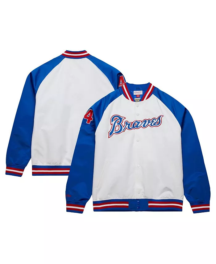 

Мужская легкая атласная бейсбольная куртка на молнии Atlanta Braves Cooperstown Collection Legends бело-синего цвета с рукавом реглан, посвященная Хэнку Аарону Mitchell & Ness