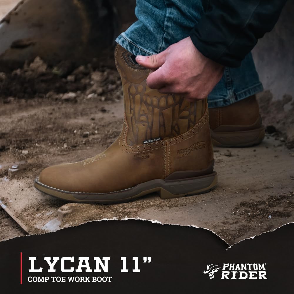 Ботинки для мужчин PHANTOM RIDER Lycan 11 с водонепроницаемой структурой, широким носком квадратной формы, композитным носком, устойчивая к электрическим рискам, неметаллическая, стелька AG8, маслостойкая и противоскользящая подошва, темно-корич... — фото 2