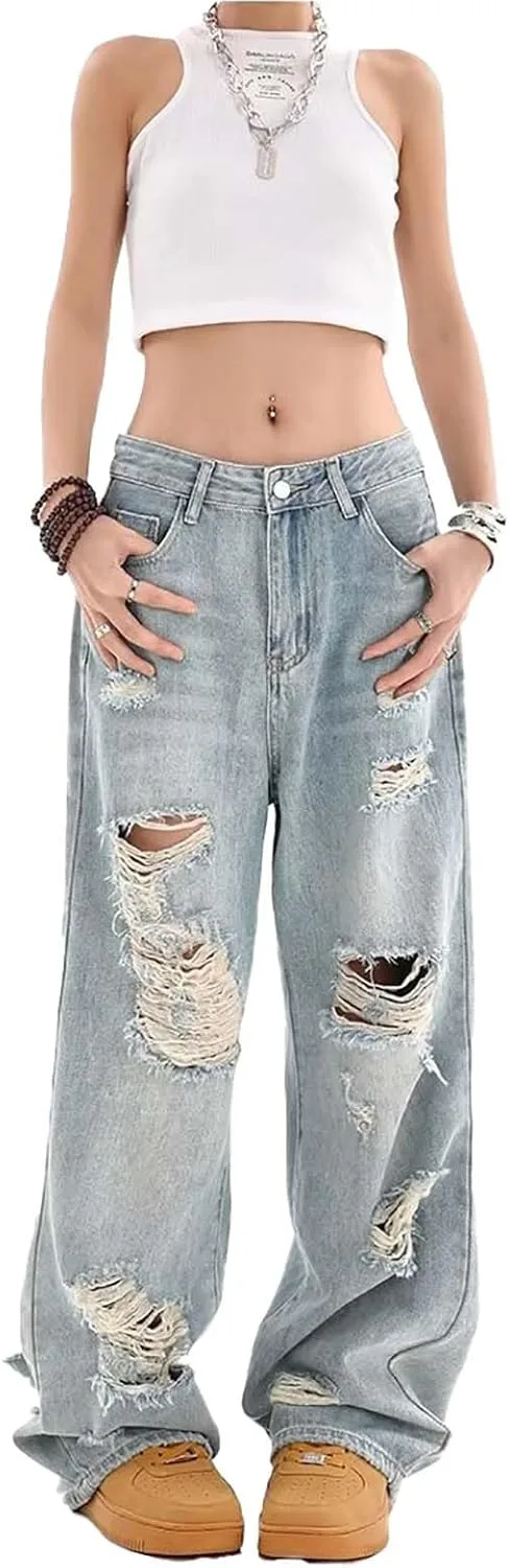 

Женские джинсы Y2K в стиле baggy с потертостями, широкие, ретро, гранж LUUTWAL