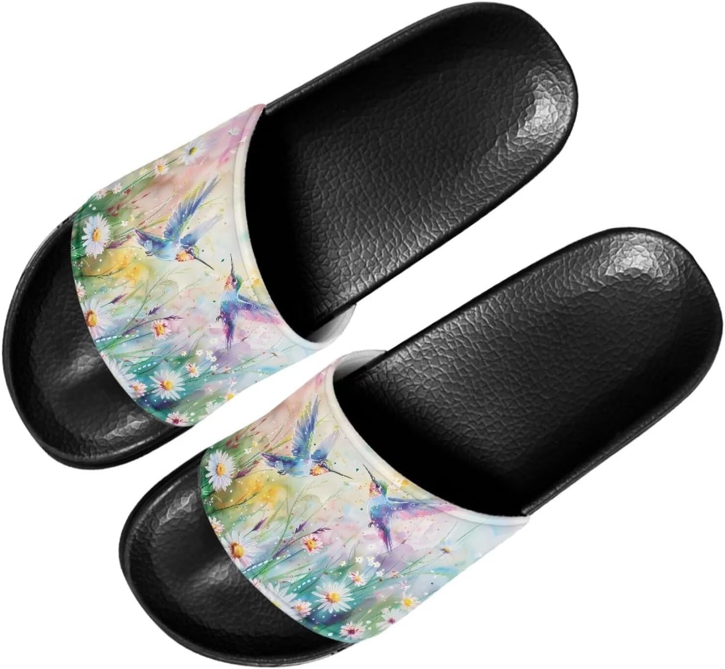 

Женские мягкие нескользящие сандалии Forchrinse, плоские шлепанцы для пляжа, бассейна, душа и дома, Hummingbird Daisy Painting