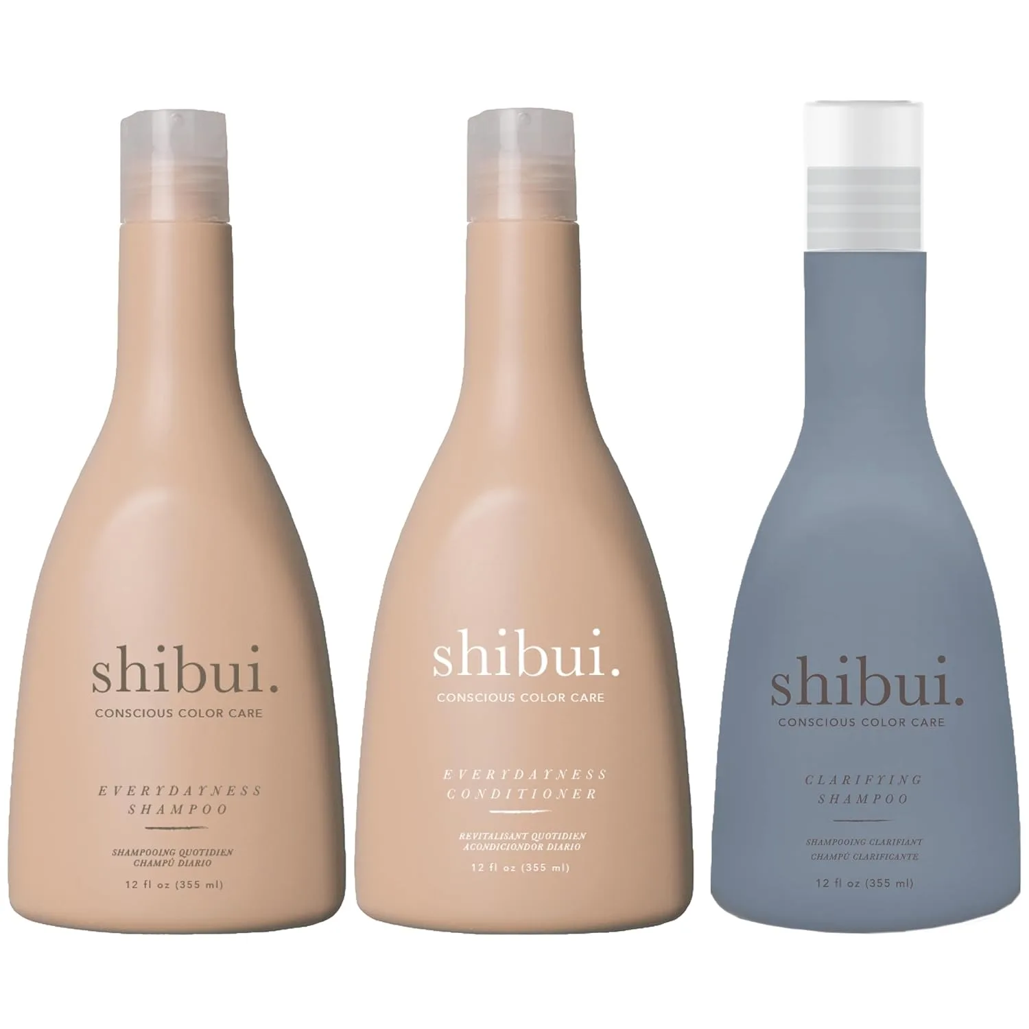 Набор для ежедневного ухода за волосами SHIBUI Everydayness: очищающий и кондиционирующий шампунь для всех типов волос, по 355 мл каждый.