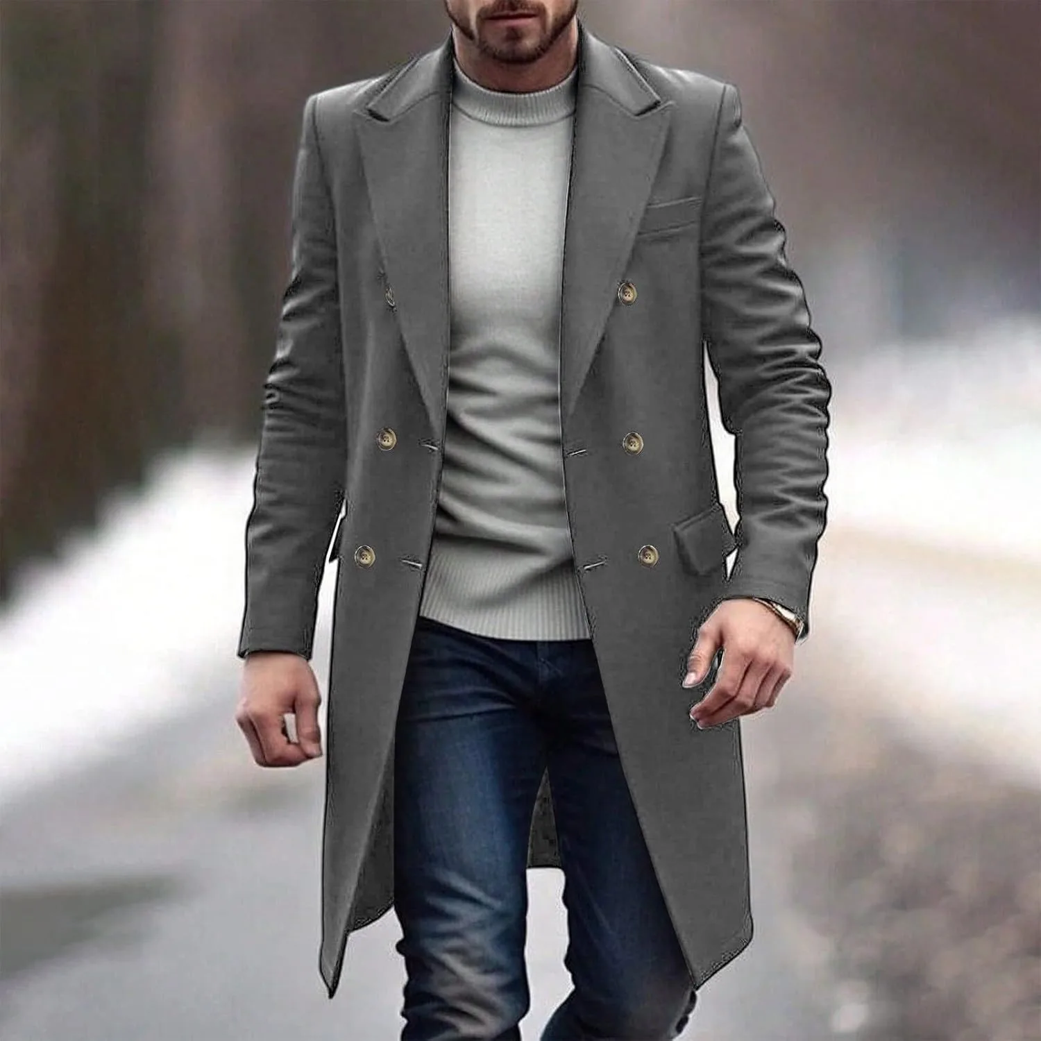 Мужское пальто с вырезом лацкана, двубортное, средней длины, в стиле pea coat, для бизнес-кэжуал, ветровка, зимнее, теплое, пальто Generic, серый — фото 3