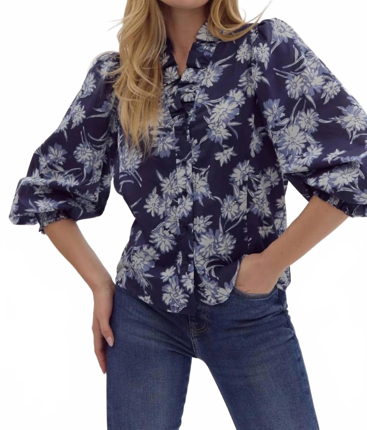 

Топ с цветочным принтом и оборкой на вороте, темно-синий Entro