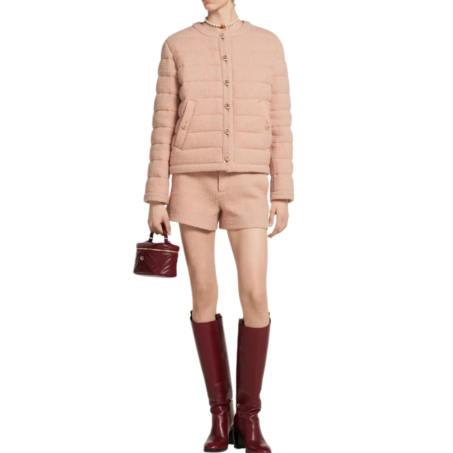 Текстурированная шерстяная твидовая утепленная куртка GUCCI, розовый — фото 3