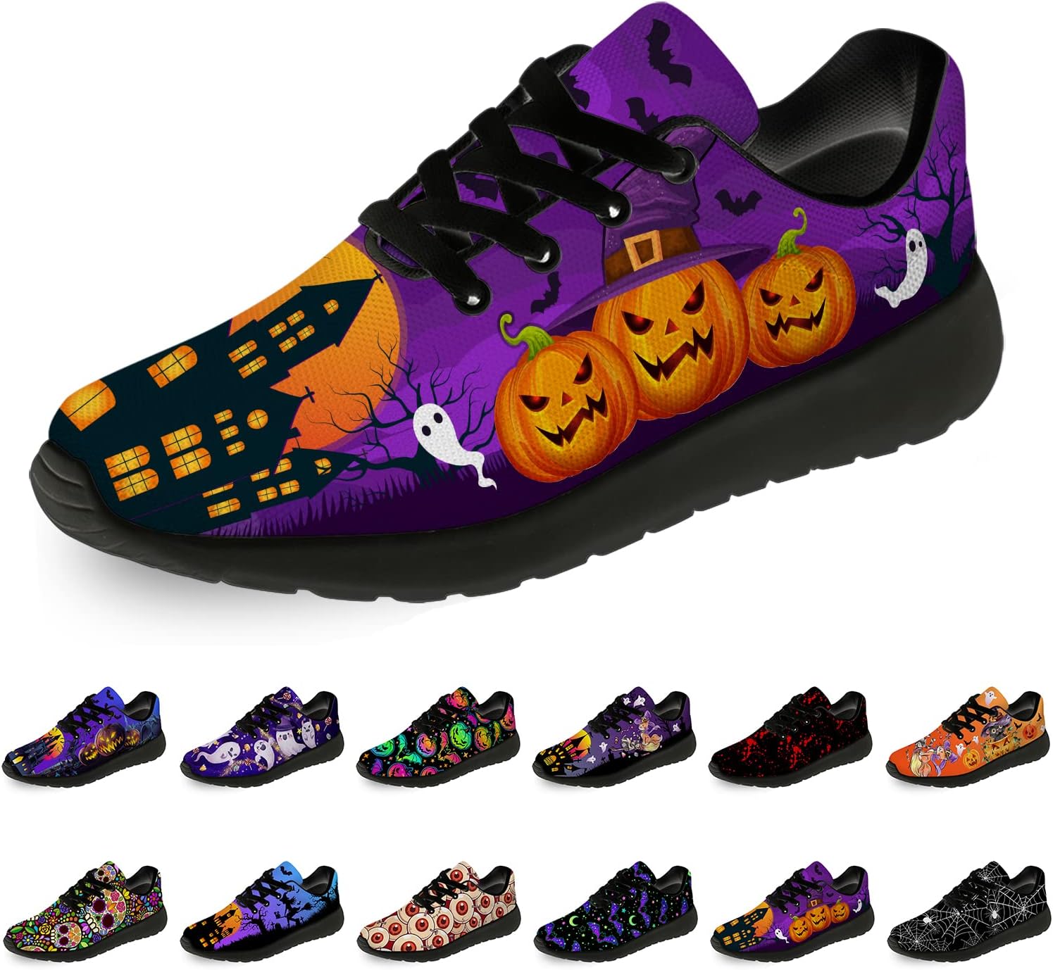 

Кроссовки на Хэллоуин для женщин и мужчин, беговые, для прогулок и тенниса, с изображением тыквы, призрака и летучей мыши, подарки для мальчиков и девочек Horethy, оранжевый/фиолетовый
