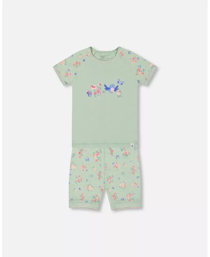 

Пижамный комплект из двух частей из хлопка для больших девочек с маленькими розовыми и голубыми цветами на светло-шалфейном фоне Deux par Deux, синий