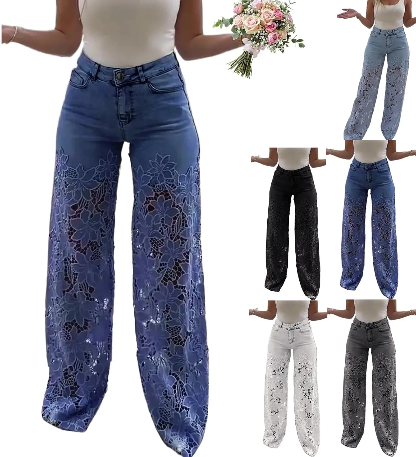 

Женские джинсы с кружевной аппликацией, высокие, прямые, с цветочным декором