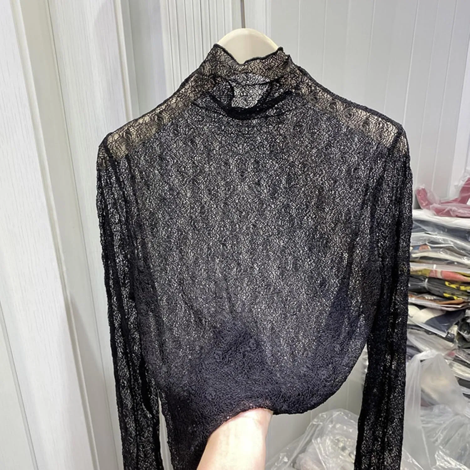 Блуза полупрозрачная с длинным рукавом, Sheer Inner Top, черный — фото 4