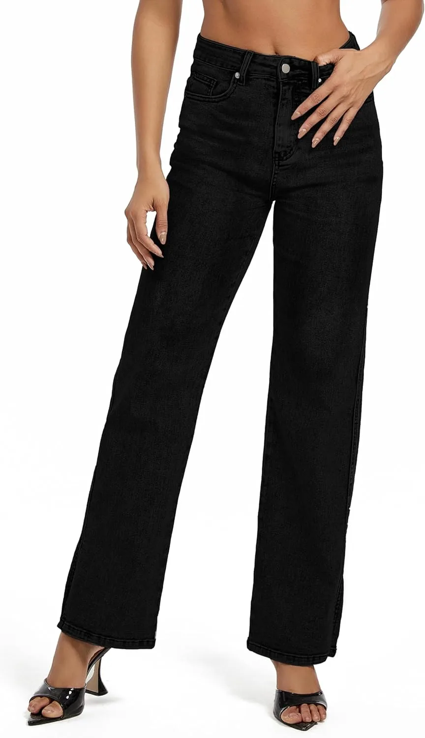 

Женские джинсы с высокой талией, прямые, свободные, с контролем живота и боковым разрезом ETTELO