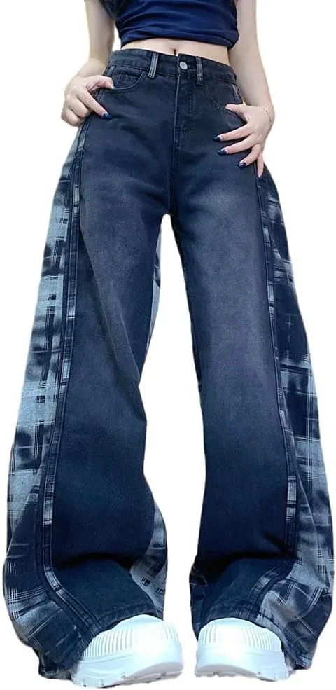 

LAFOURAM Petite Jeans для женщин 5 FT, широкие клешеные штаны в стиле coquette с клетчатым пэчворком