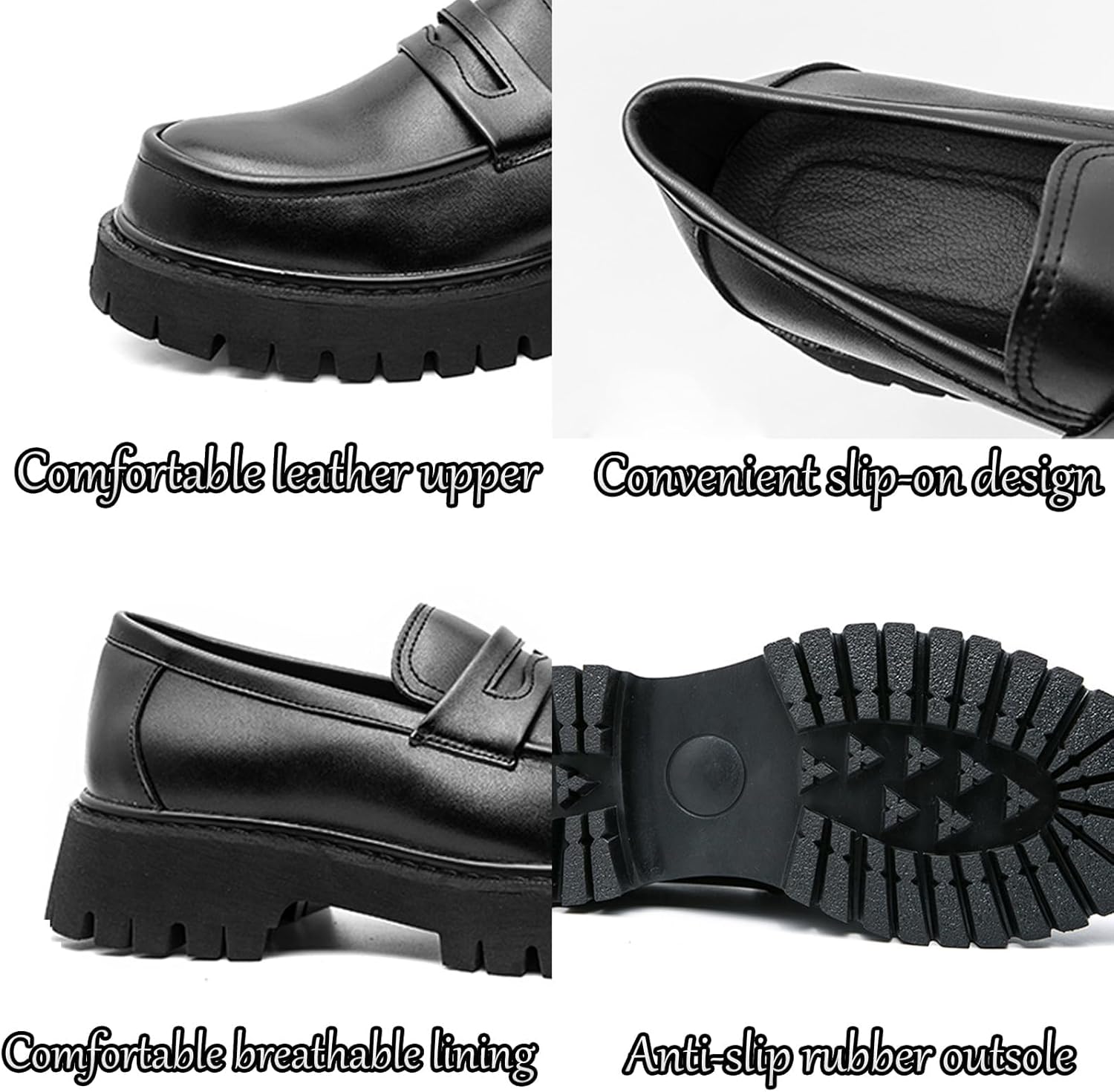 Мужские кожаные лоферы на платформе с толстой подошвой и слипонами, классический округлый носок, подошва с рифлением, деловые и повседневные туфли Galonfulty, черный — фото 3