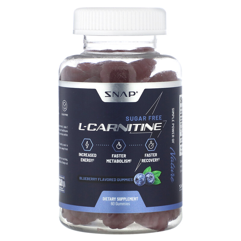 

Snap Supplements, Жевательные мармеладки с L-карнитином, без сахара, голубика, 500 мг, 60 жевательных таблеток (250 мг в 1 жевательной мармеладке)