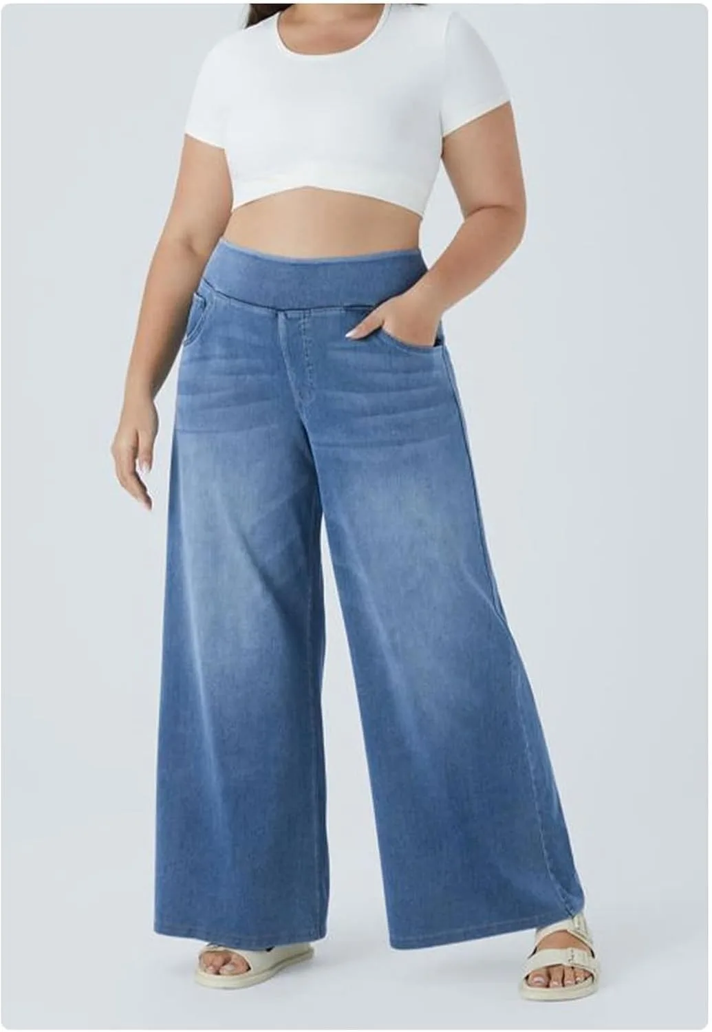 Высокие джинсы-палаццо Plus Size с широкими прямыми штанинами — фото 3