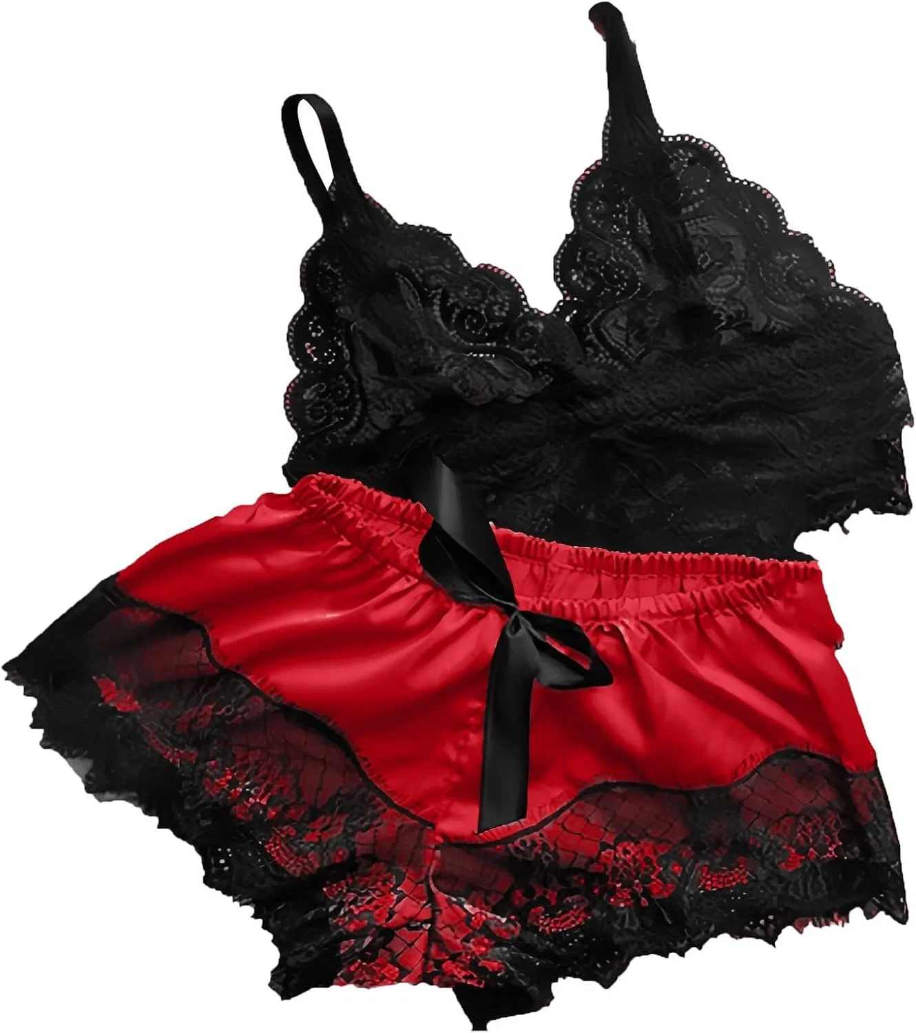 Комплект пижамы, кружевной, Women's 2 Piece Lingerie Floral Lace Cami Top with Satin Shorts Sleepwear Pajama Set, красный — фото 2