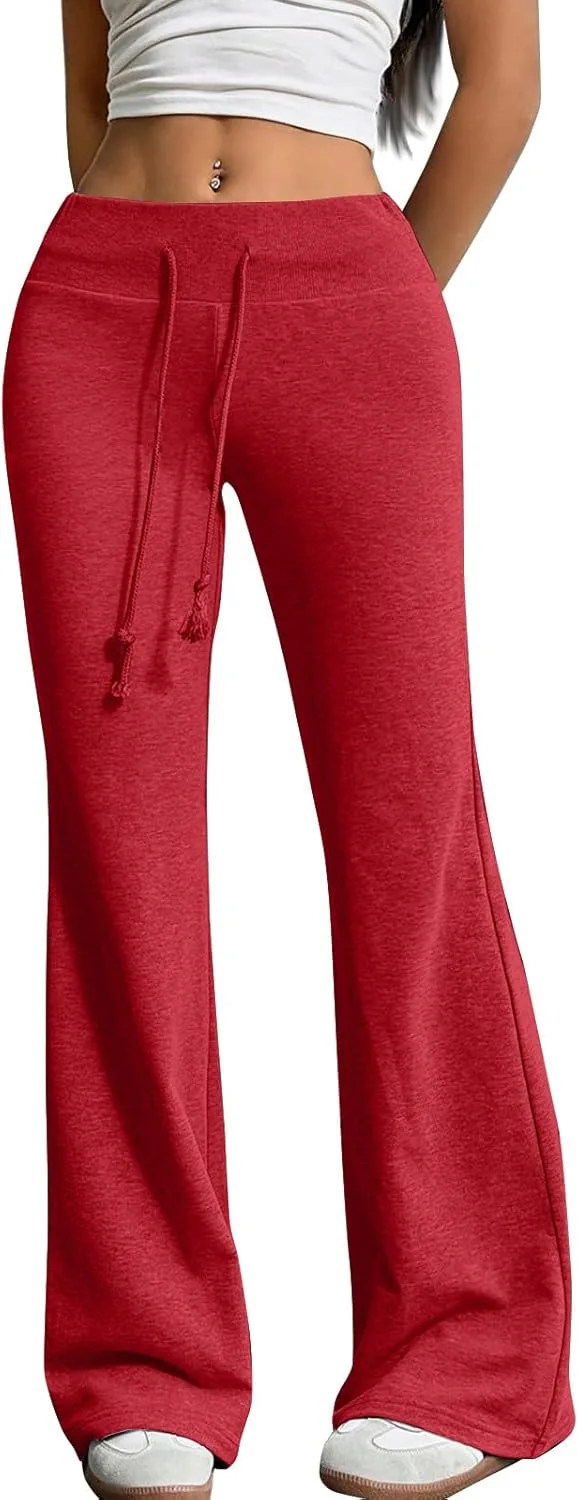 Леггинсы Flare Leggings для женщин Y2K с кулиской, эластичной талией, расклешенные, йога-штаны, мешковатые, для тренировок, спортивные, широкие, свитшот Generic, красный