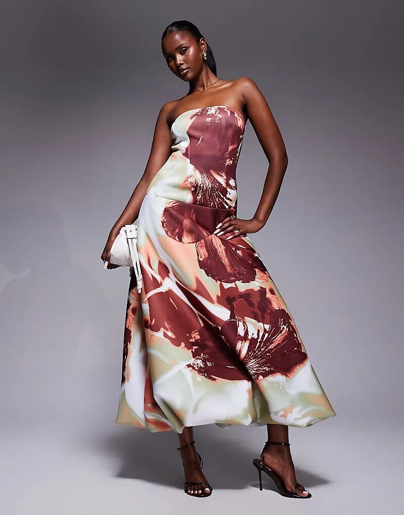 

Платье-фонарик мидакси ASOS DESIGN с заниженной талией и объемным цветочным принтом из ткани в стиле «скуба»